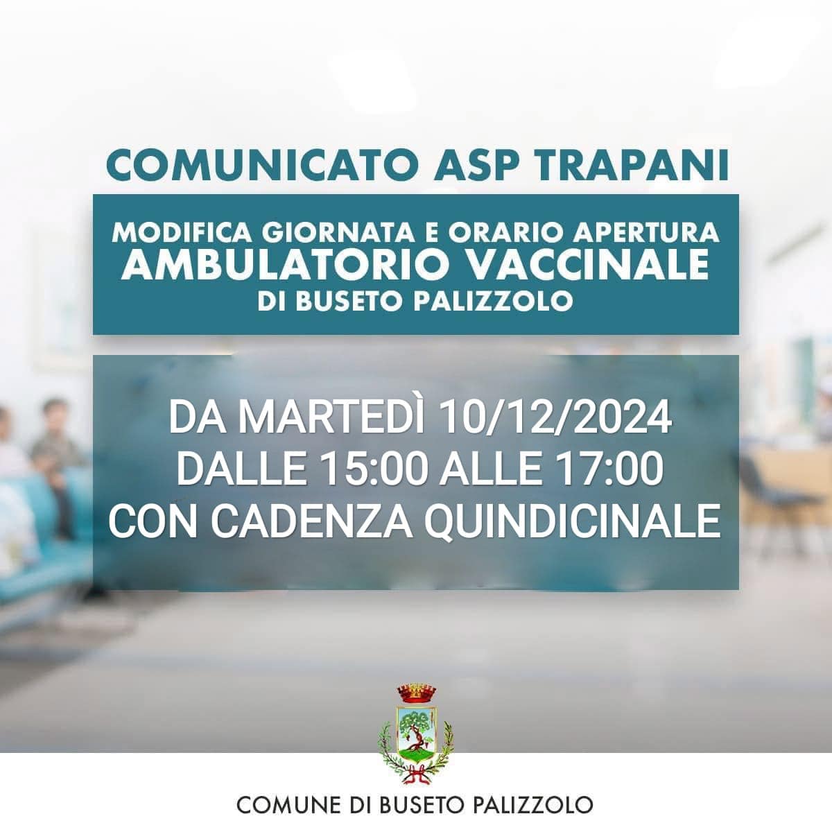 Apertura Ambulatorio Vaccinale martedì pomeriggio dalle 15:00 alle 17:00 con cadenza quindicinale.